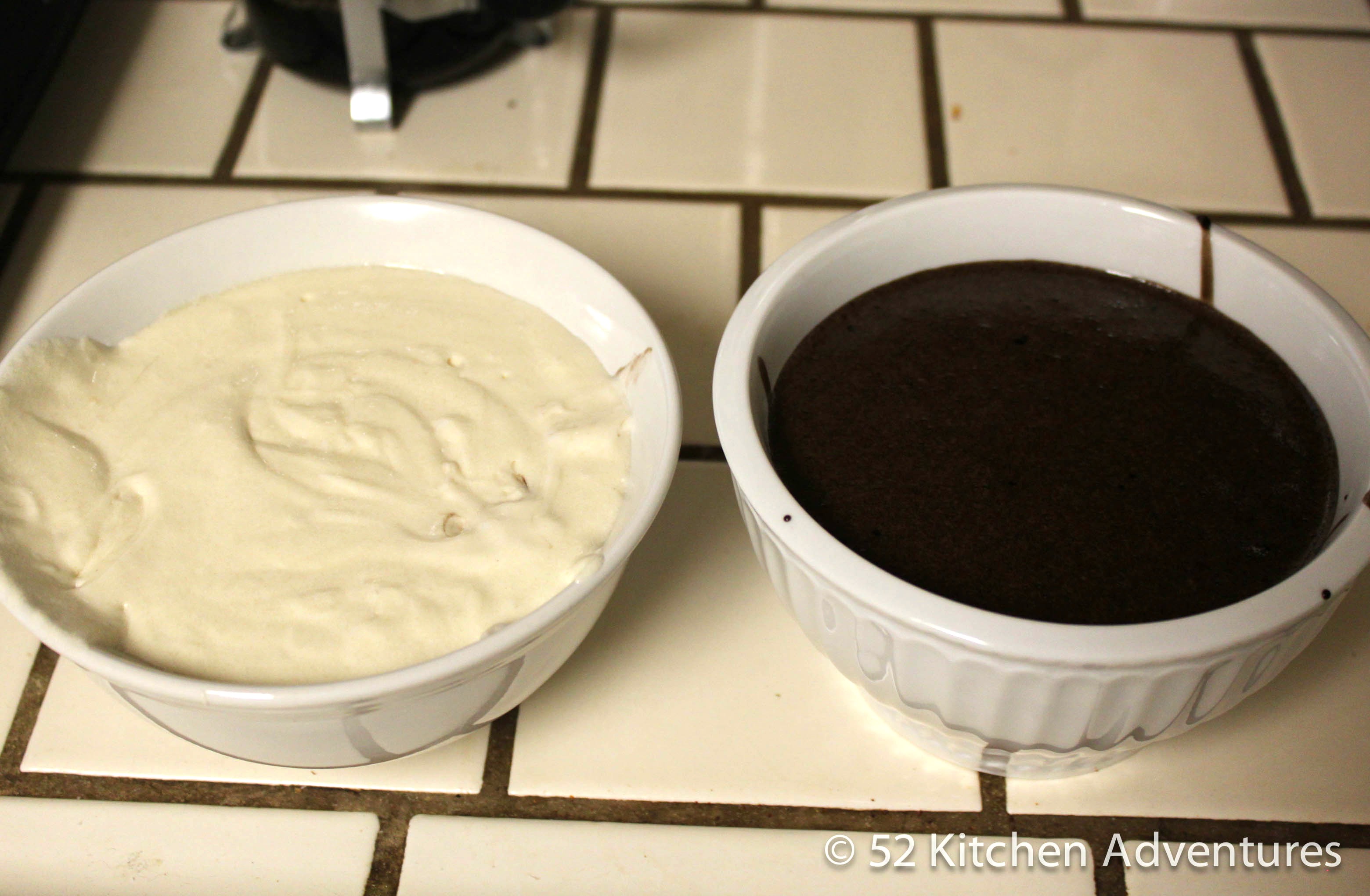 Vanilla and dark chocolate cake batter for zebra cupcakes